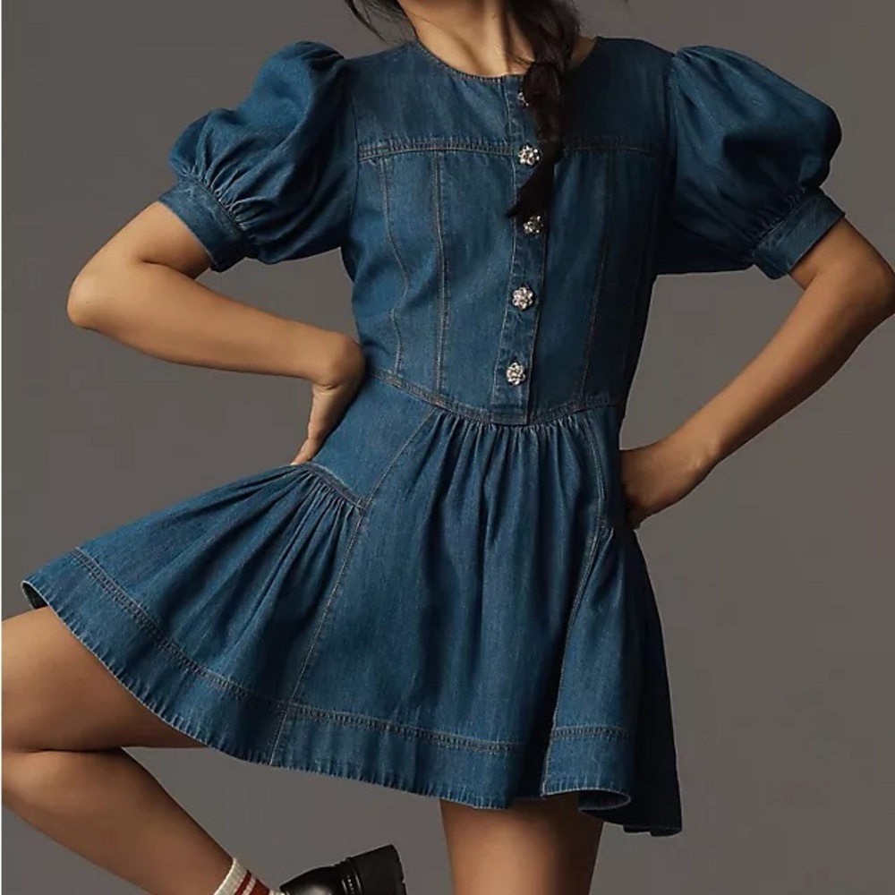 Maeve Puff-Sleeve Tiered Denim Mini Dress